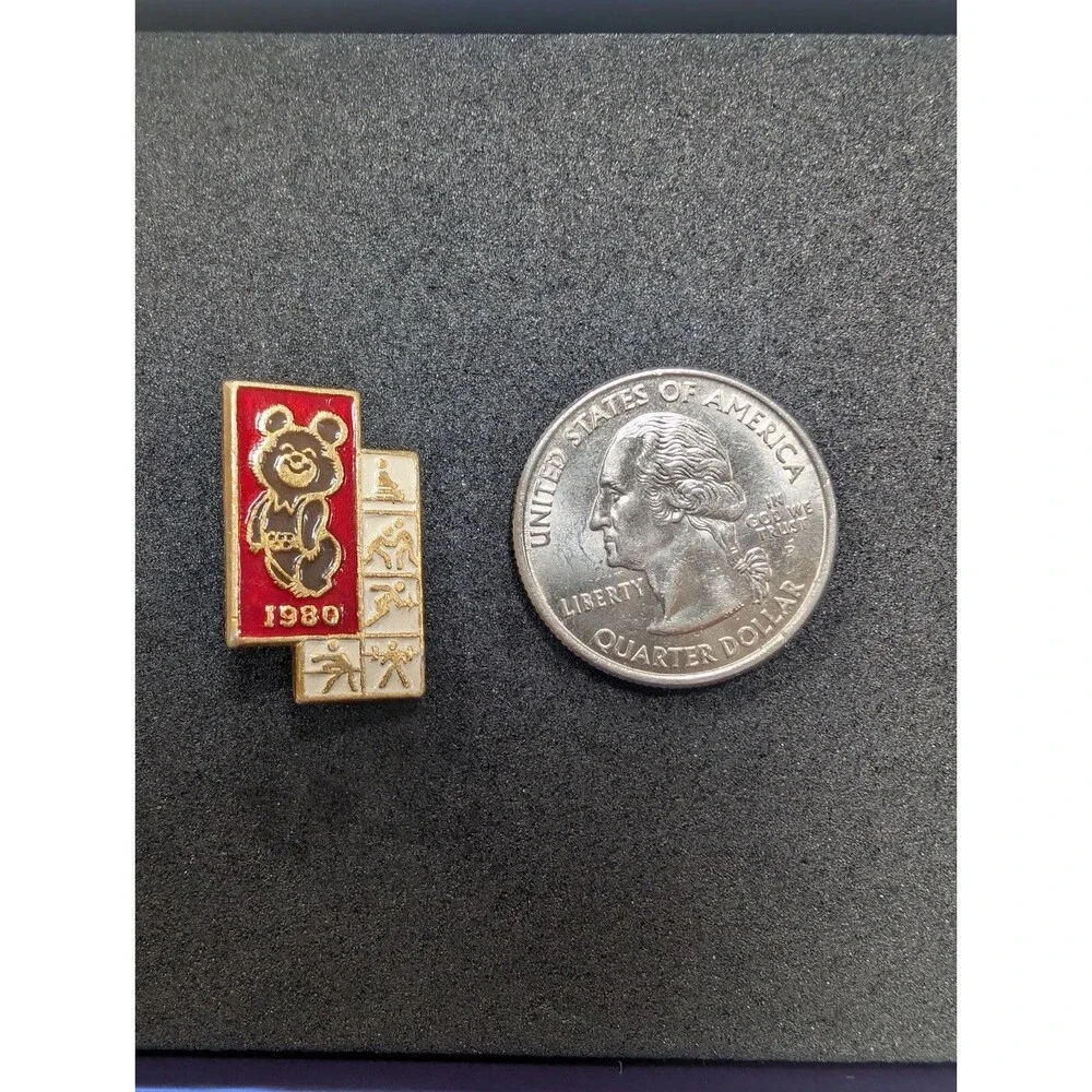 USSR Moscow 1980 Olympic Misha Bear On Red Multi Sport Enamel Pin Vintage Badge